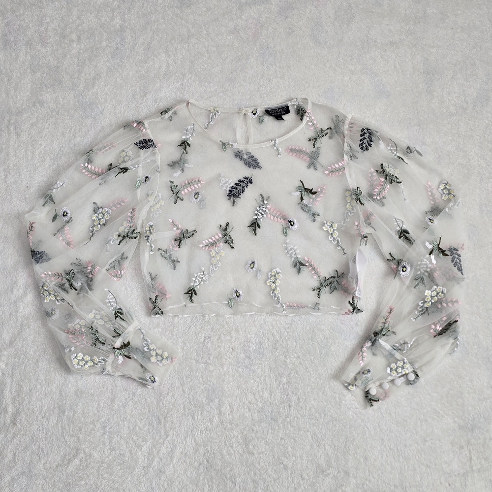 Women's Top Shop Shirt Sheer Tulle with Puff Sleeves Size 6 Embroidered TopShop - Picture 2 of 7